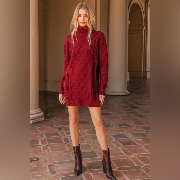 Cuddle Up Close Burgundy Cable Knit Turtleneck Sweater Dress - Picture 1 of 9